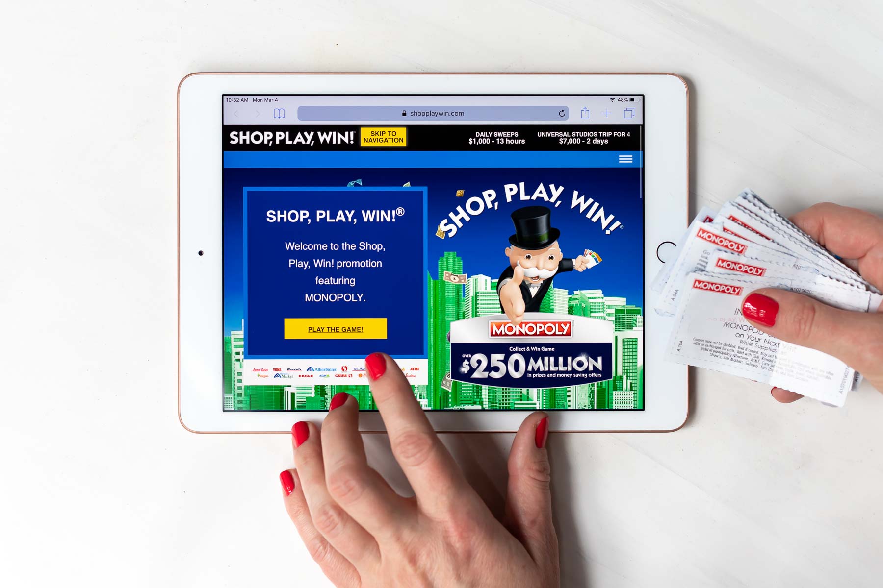 shop play win website on tablet screen