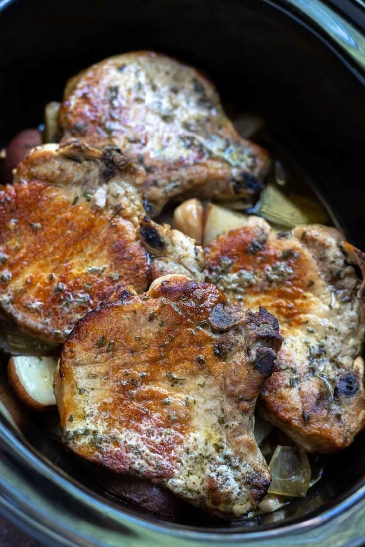 cooked crockpot pork chops in slow cooker
