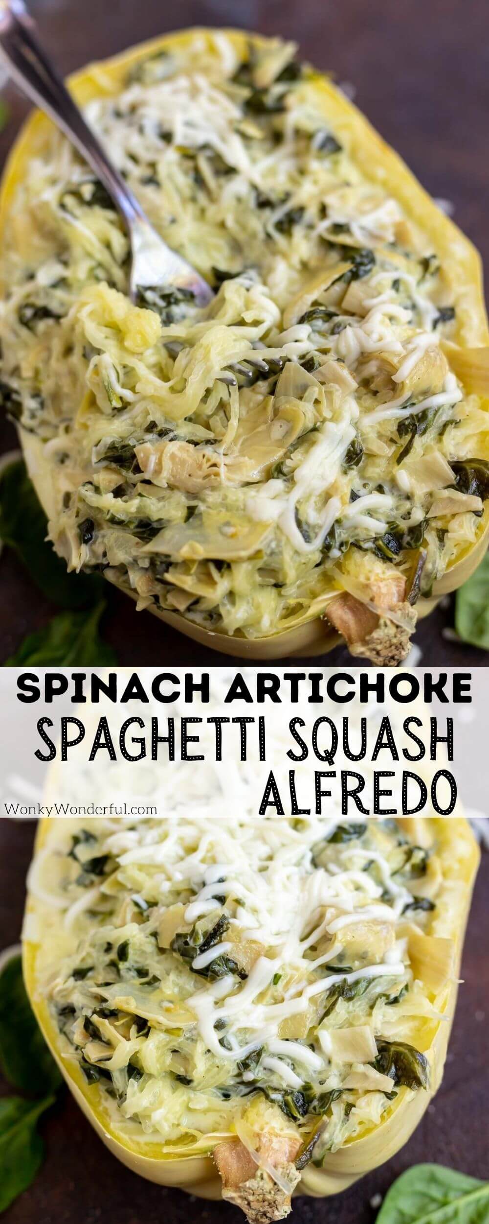 SPINACH ARTICHOKE SPAGHETTI SQUASH ALFREDO - WonkyWonderful