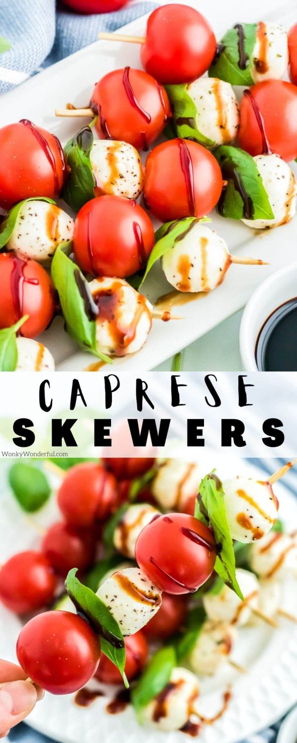 caprese skewers pinnable image with title text