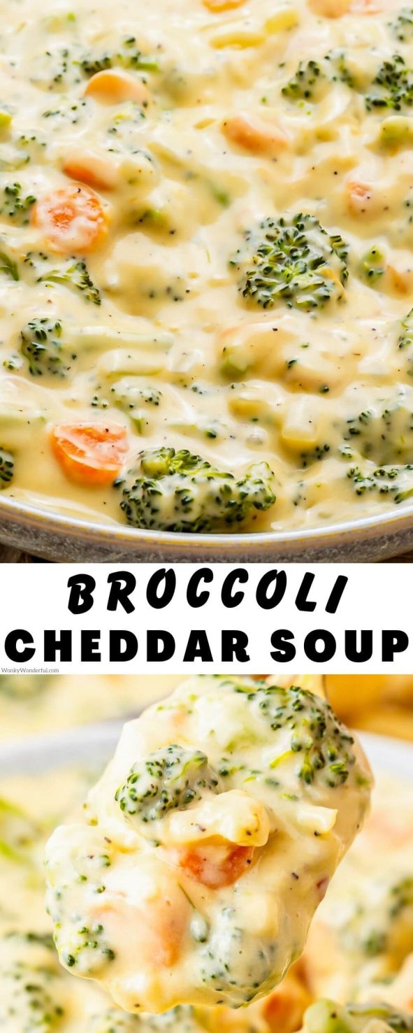 broccoli cheddar soup pinnable image with title text