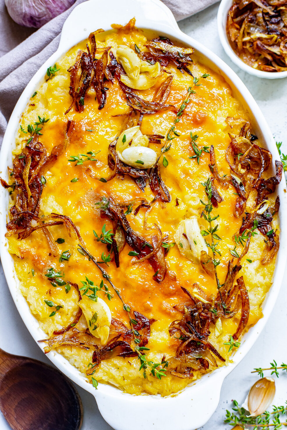 prepared cauliflower mash in baking dish