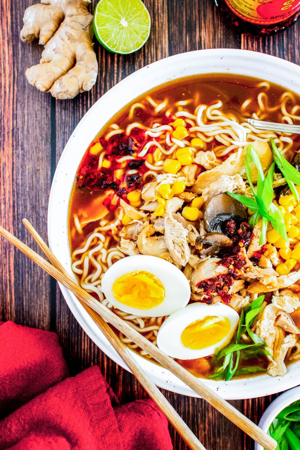 ramen in bowl with toppings