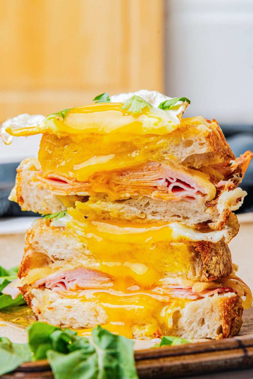 prepared sandwich cut in half and stacked