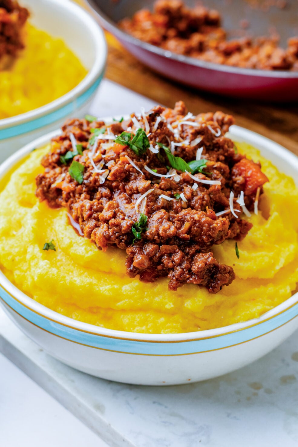 prepared polenta and sauce in bowl
