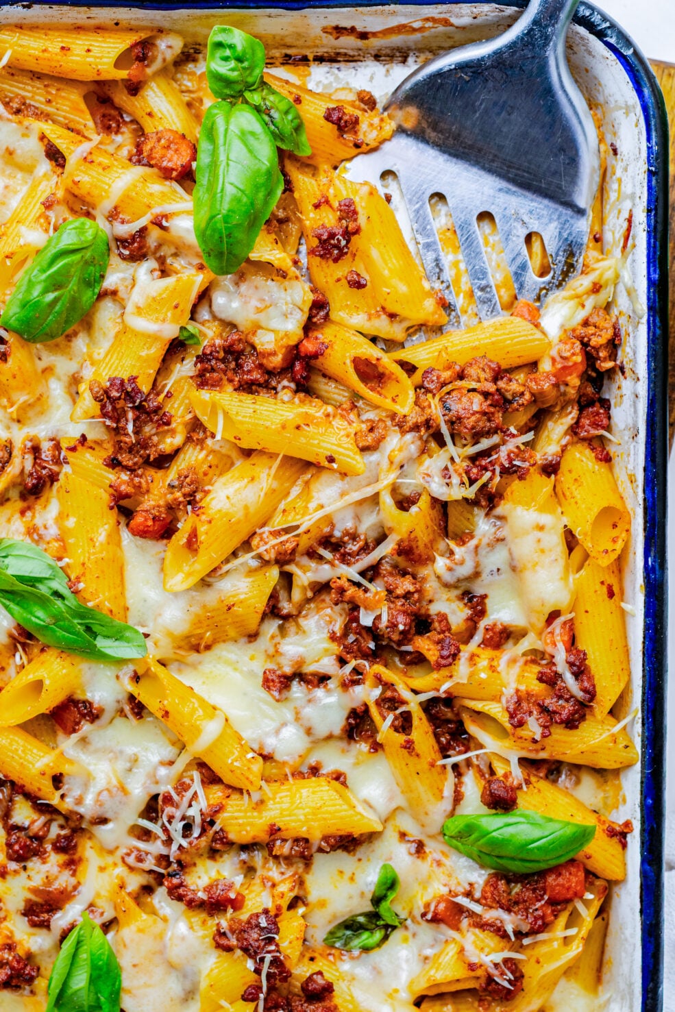 prepared pasta in casserole dish